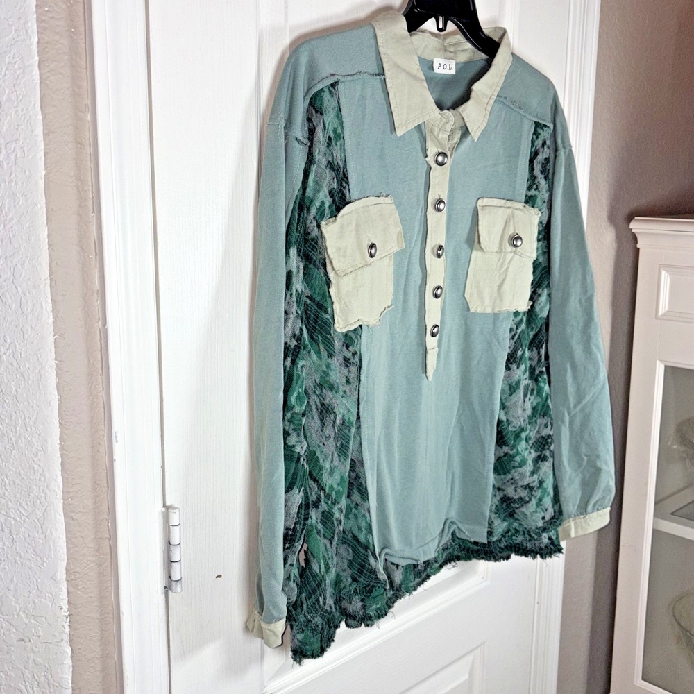 POL Women's Shacket XL NWOT Sage Green Black Patchwork Button Down Cotton Collar - Picture 3 of 8